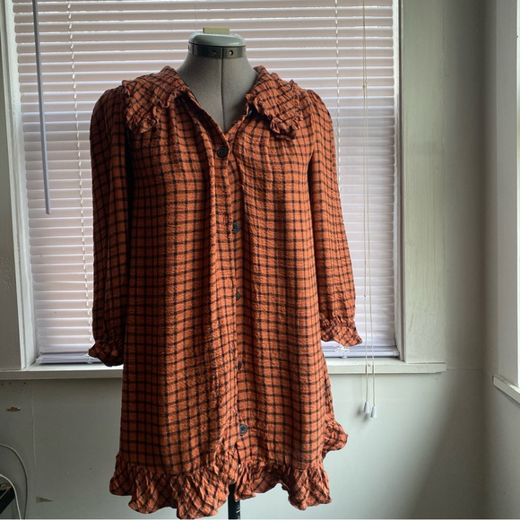 ZARA Beautiful Cotton Button Up Blouse Orange Black Squares Size M - Picture 4 of 7